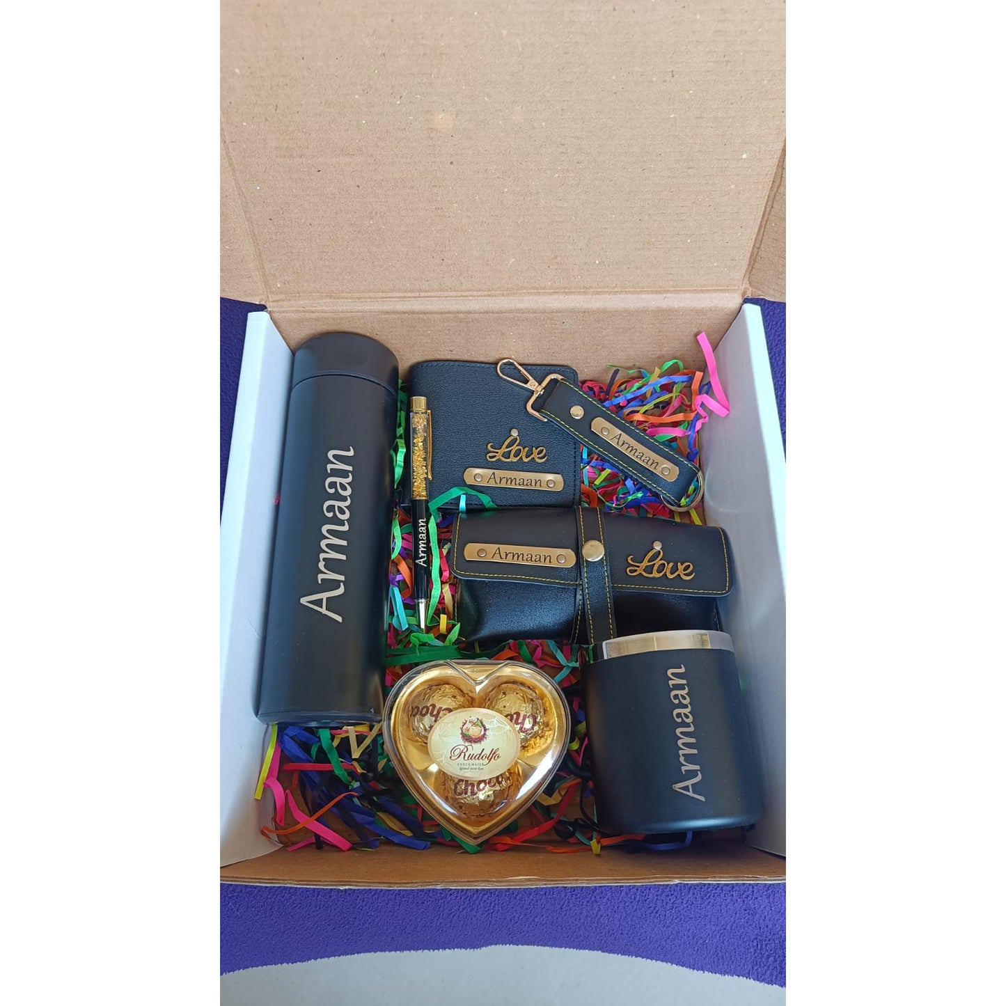 Customised Men's Combo (Wallet, Keychain, Sunglass Cover, Temperature Bottle, Cup, Pen, Heart Chocolate, Birthday or Anniversary Card)