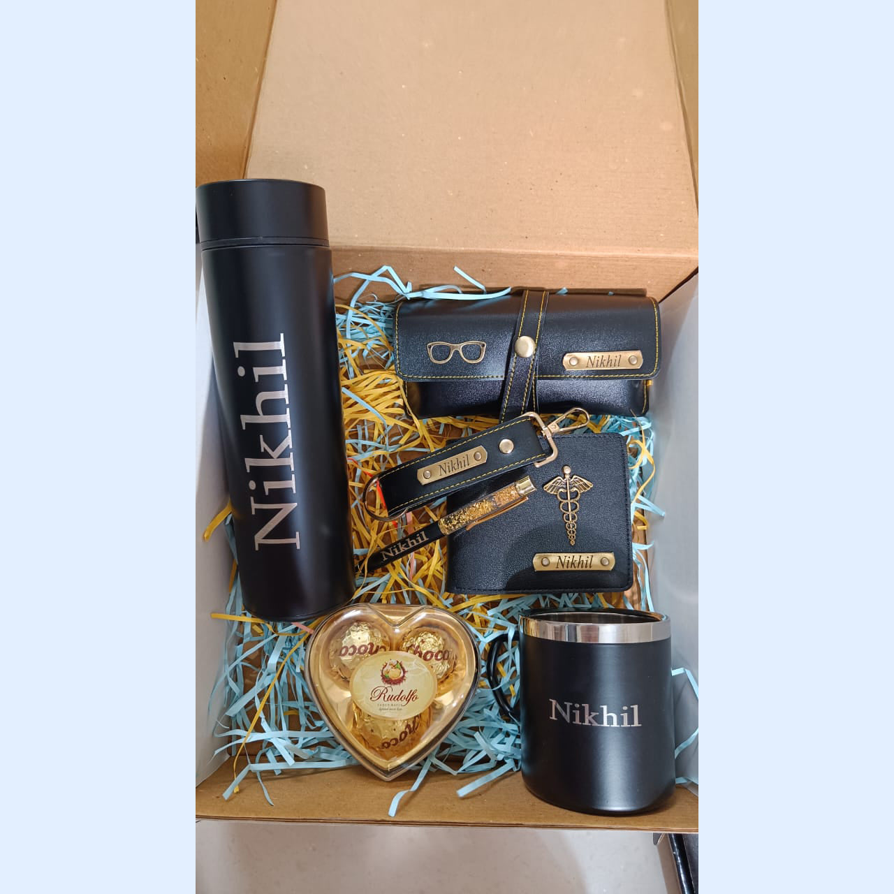 Customised Men's Combo (Wallet, Keychain, Sunglass Cover, Temperature Bottle, Cup, Pen, Heart Chocolate, Birthday or Anniversary Card)