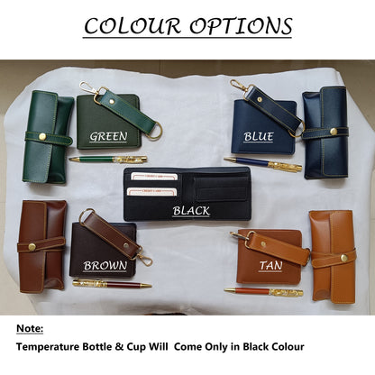 Customised Men's Combo (Wallet, Keychain, Sunglass Cover, Temperature Bottle, Cup, Pen, Heart Chocolate, Birthday or Anniversary Card)