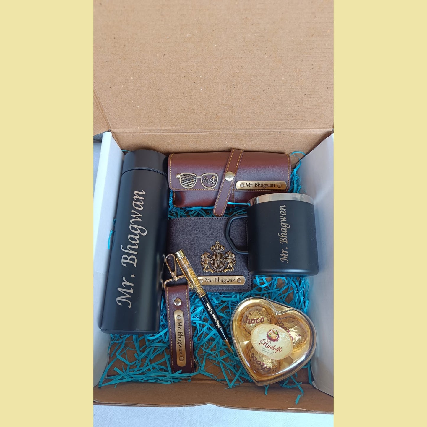 Customised Men's Combo (Wallet, Keychain, Sunglass Cover, Temperature Bottle, Cup, Pen, Heart Chocolate, Birthday or Anniversary Card)