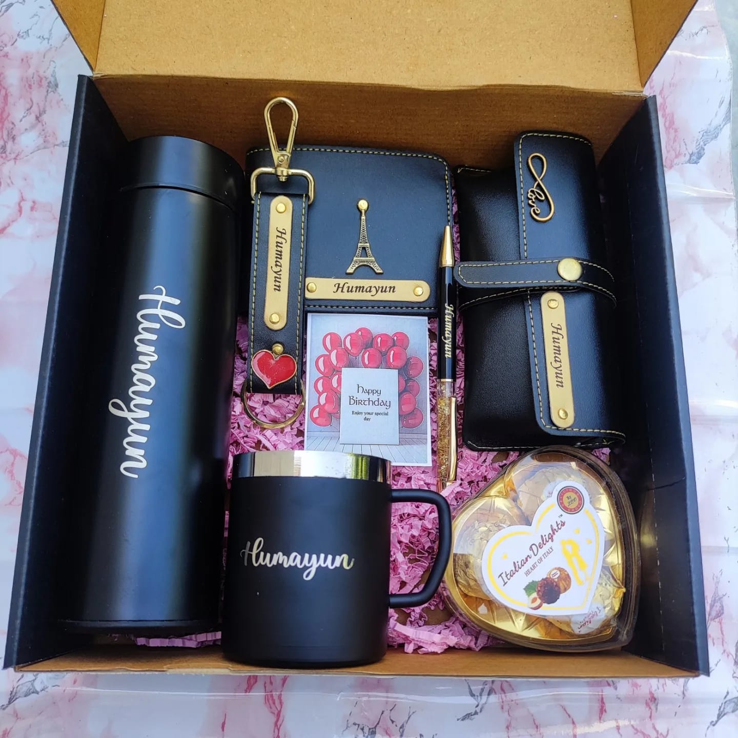 Customised Men's Combo (Wallet, Keychain, Sunglass Cover, Temperature Bottle, Cup, Pen, Heart Chocolate, Birthday or Anniversary Card)